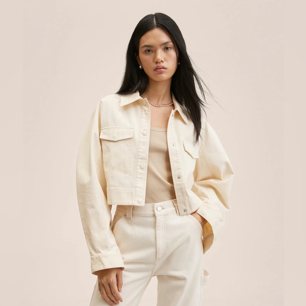 MANGO - Oversized Cotton Jacket - Beige / Off-White - Size S